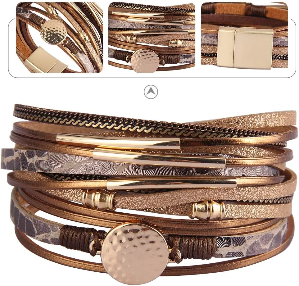 AZORA Leather Wrap Bracelets for Women Goldplated Metal Crescent Cuff Bracelet with Magnetic Buckle Casual Bohemian Wrist Bangle Jewelry Gift for Ladies Sister Mum