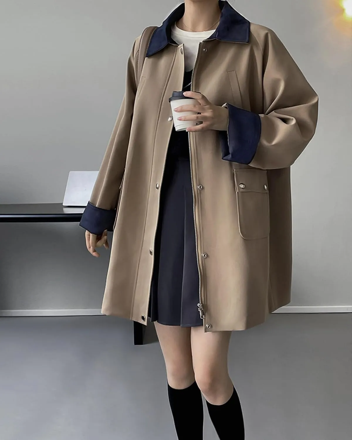 Babalet Women's Trench Coat Zip Up Button Windproof Classic Turn-down Collar Lightweight Trench Jacket Women Long Outerwear