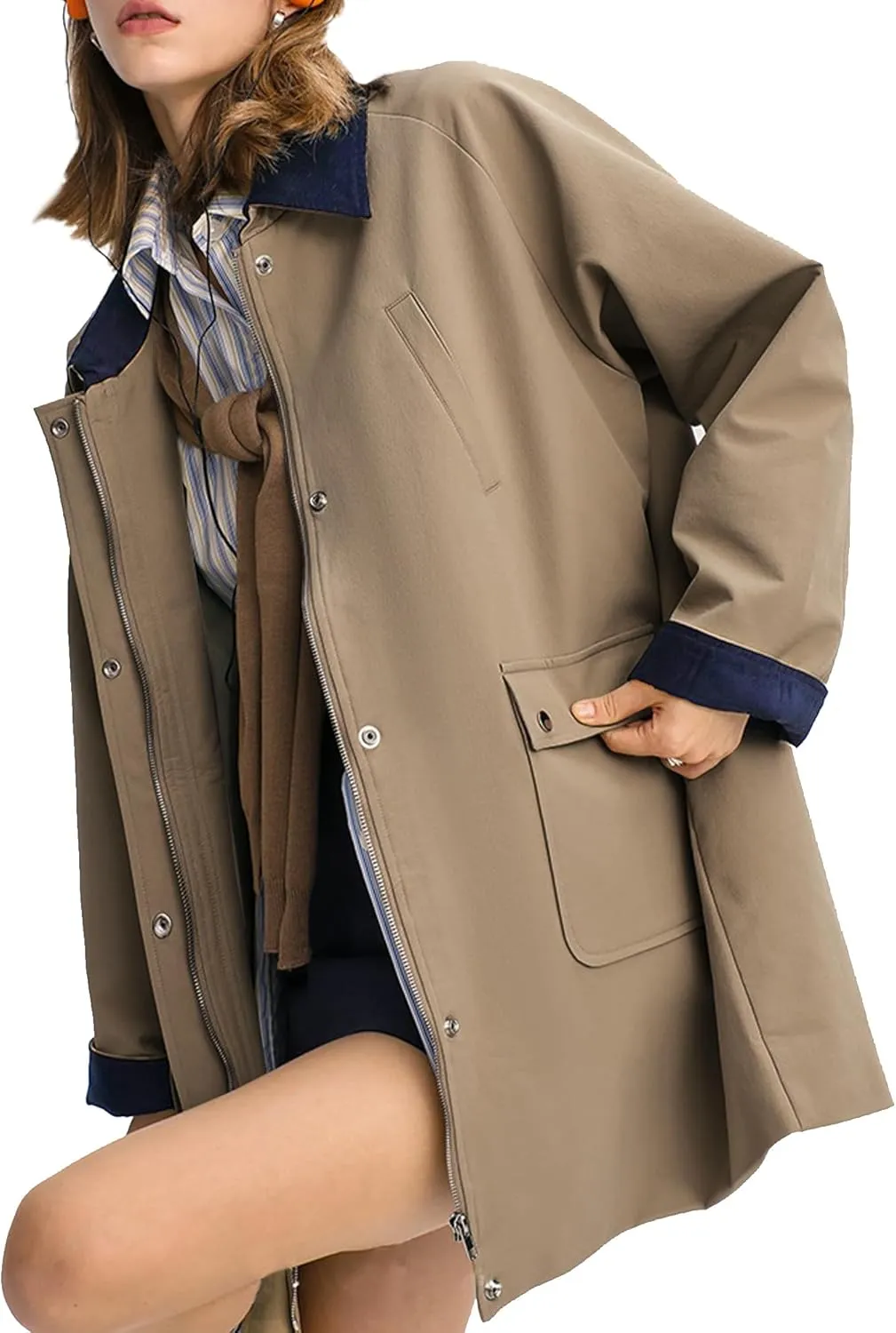 Babalet Women's Trench Coat Zip Up Button Windproof Classic Turn-down Collar Lightweight Trench Jacket Women Long Outerwear