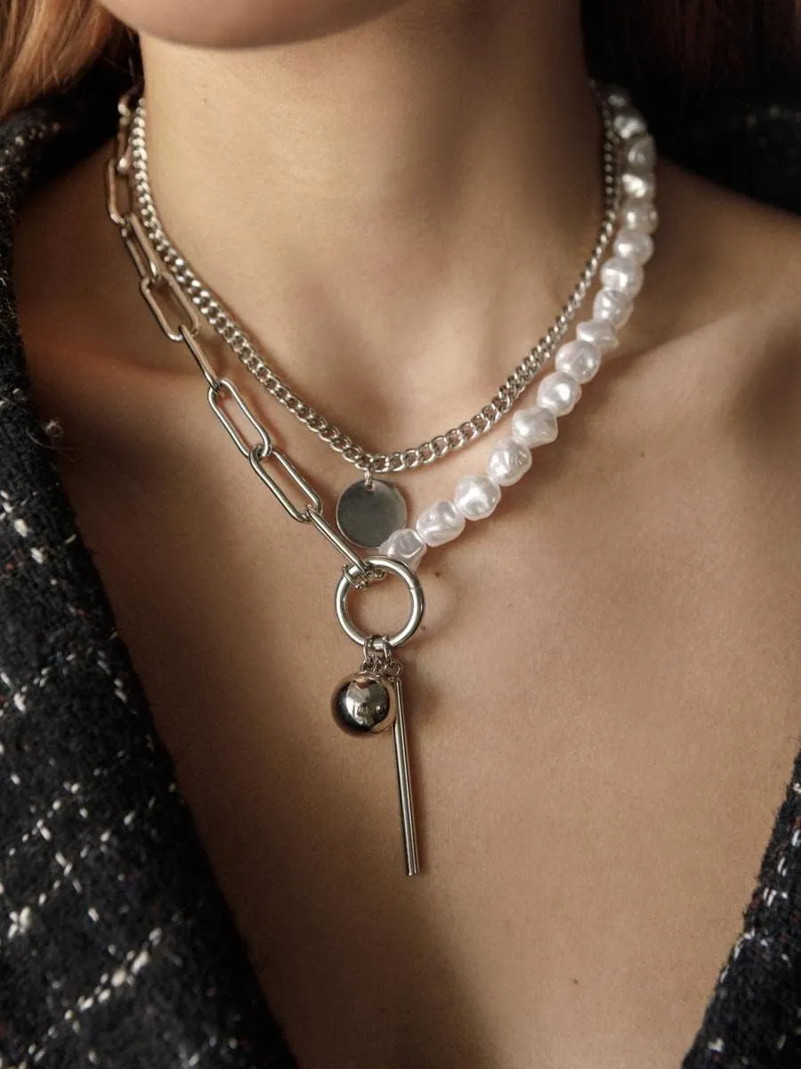 Ball Bar Pendant Pearls White Beaded Necklace Silver Delicate Layered Paperclip Necklace Punk Everyday Jewelry Gift