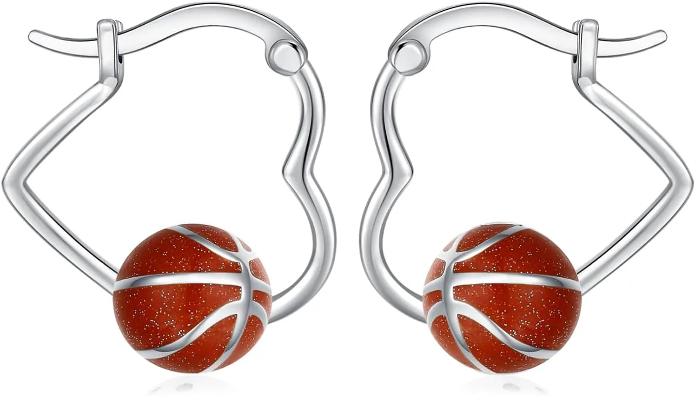 Ball Earrings 925 Sterling Silver Sport Heart Hoop Earrings Ball Jewelry Hypoallergenic Sports Gift for Women
