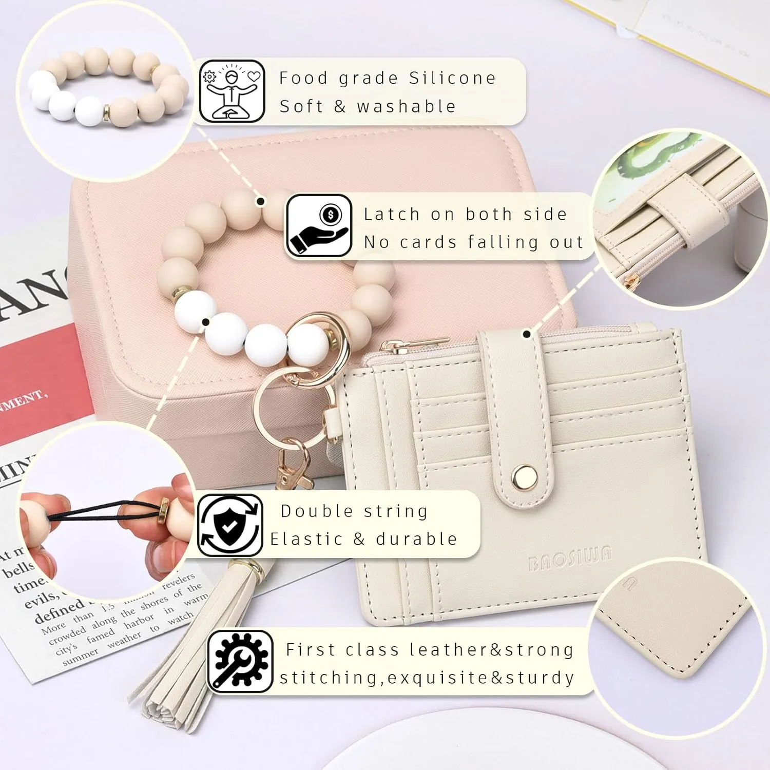 BAOSIWA Silicone Bracelet Keychain Wallet for Women Wristlet Card Holder Slim RFID Wallet with Zipper Pocket