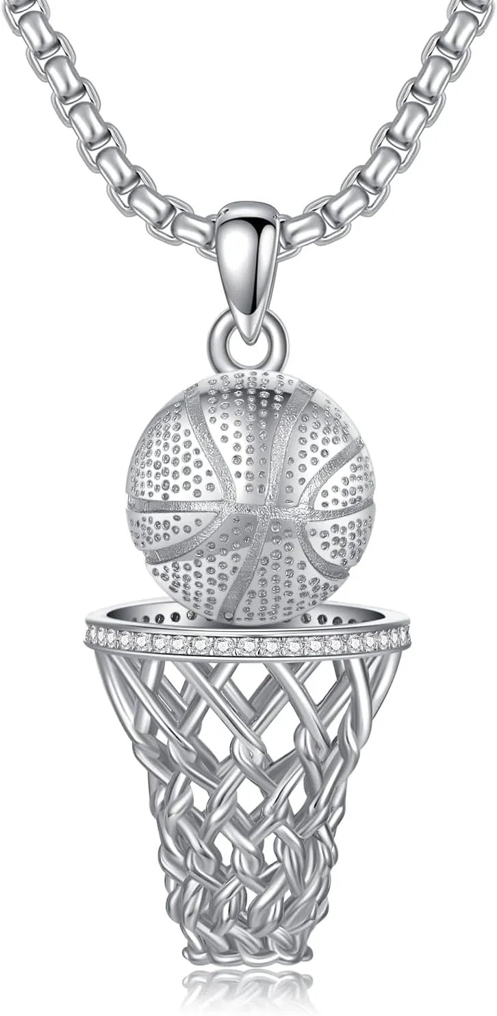 Baseball Football Soccer Basketball Pendant Necklace 925 Sterling Silver Sports Jewelry for Men