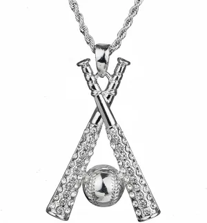 Baseball Necklace Hip Hop Baseball Pendant Baseball Bat Cross Stainless Steel Pendant Necklace Sports Jewelry Sports Necklace Rhinestone Baseball Necklace for Men and Women (Silver)