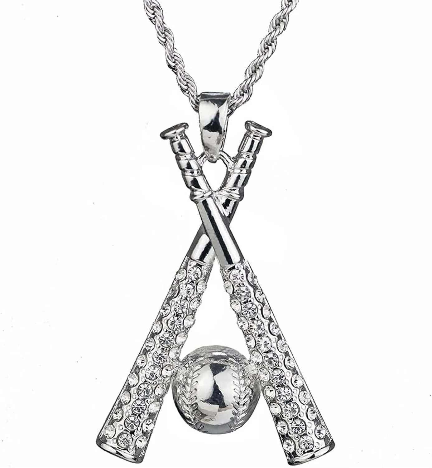 Baseball Necklace Hip Hop Baseball Pendant Baseball Bat Cross Stainless Steel Pendant Necklace Sports Jewelry Sports Necklace Rhinestone Baseball Necklace for Men and Women (Silver)