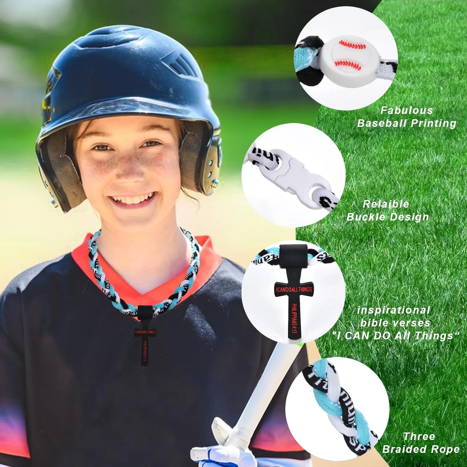 Baseball Necklaces for Boys, Baseball Necklace Three-Braid Rope Tornado Cross Necklace Sports Titanium Necklace Baseball Rope Necklace
