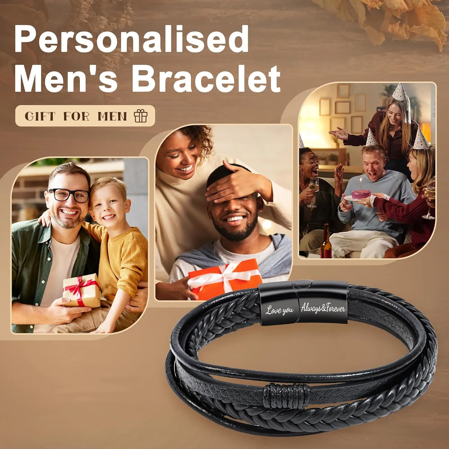 BAYLAY Leather Bracelet Gifts for Men - Multi-Layer Braided Leather Bracelet Genuine Leather Bracelet Mens Leather Bracelet Brithday Christmas Gifts Mens Gifts for Dad Husband Brother