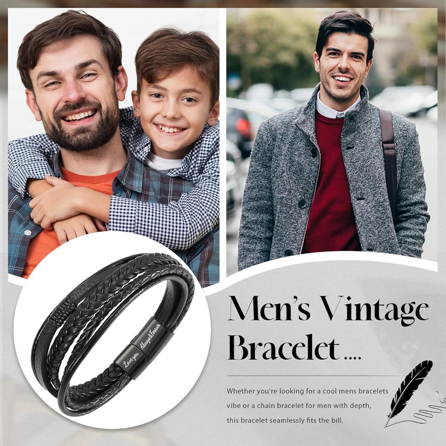 BAYLAY Leather Bracelet Gifts for Men - Multi-Layer Braided Leather Bracelet Genuine Leather Bracelet Mens Leather Bracelet Brithday Christmas Gifts Mens Gifts for Dad Husband Brother