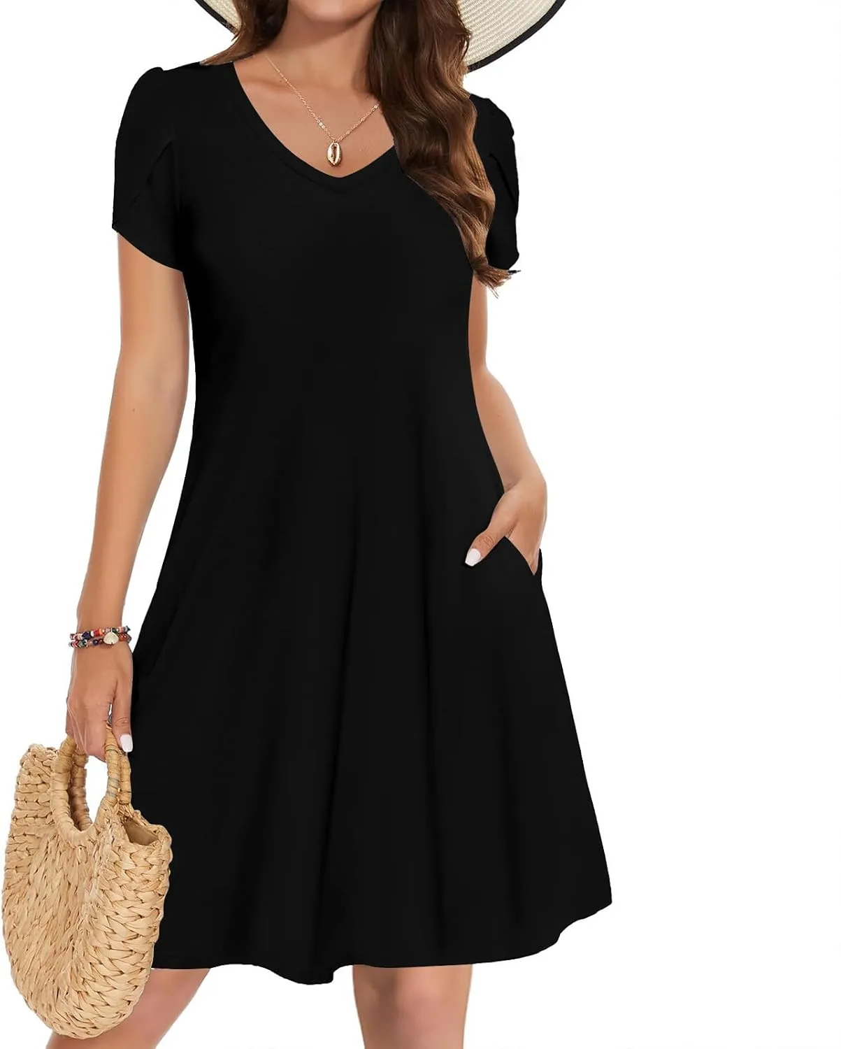 Beach Dresses for Women 2025 Vacation Short Sleeve Summer Floral Sundresses A-Line Swimsuit Coverup with Pockets