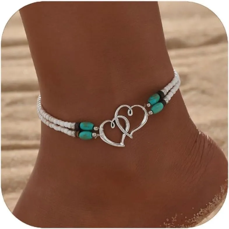 Beaded Ankle Bracelets for Women Waterproof Elastic Beaded Anklet Double Hearts Ankle Bracelets Beach Jewelry for Women Vacation