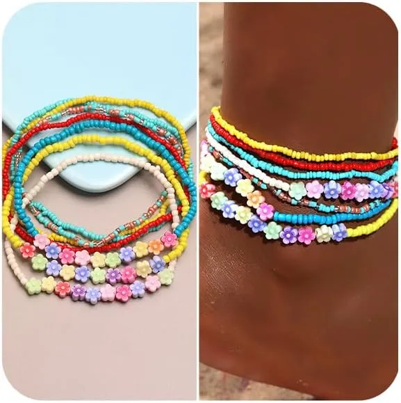 Beaded Anklets for Women Boho Bead Anklets Bracelet Flower Layered Anklet Chain Handmade Elastic Foot Chains Beach Bohemian Anklets for Women (7PCS)