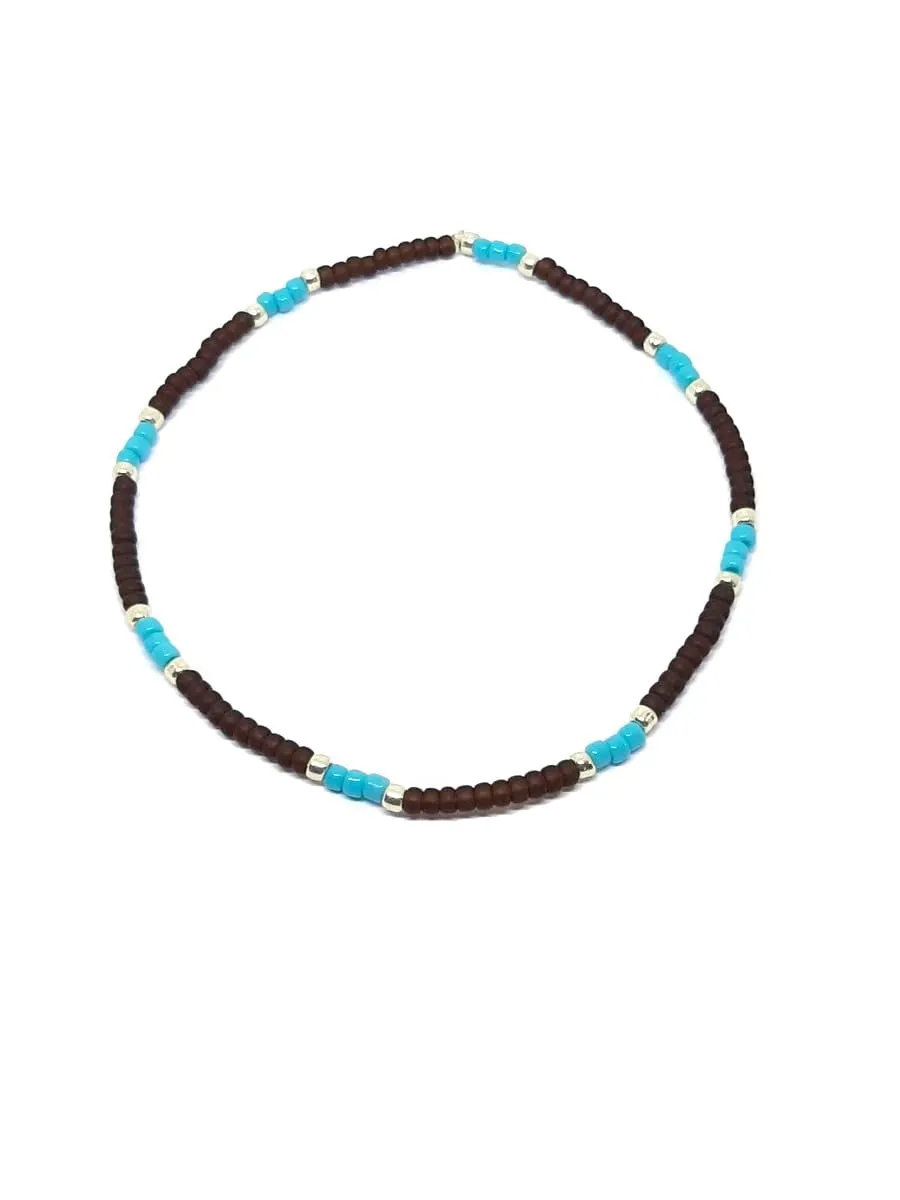 Beaded Elastic Cord Anklet  9-Inch Brown, Gold, and Turquoise Seed Bead Stretch Anklet with Miyuki and Toho Beads  Elegant, Earthy