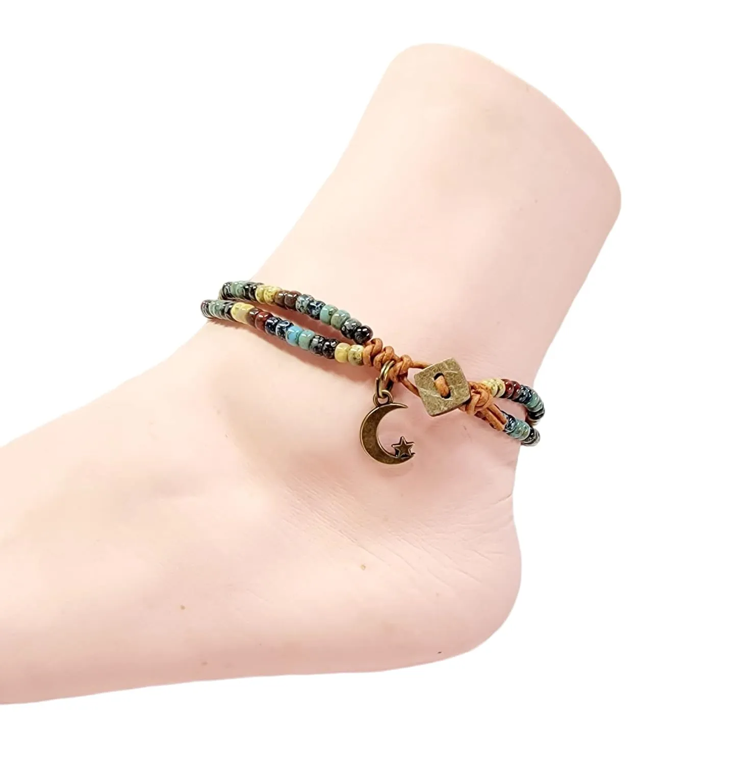 Beaded Leather Wrap Anklet Women 10 Inches