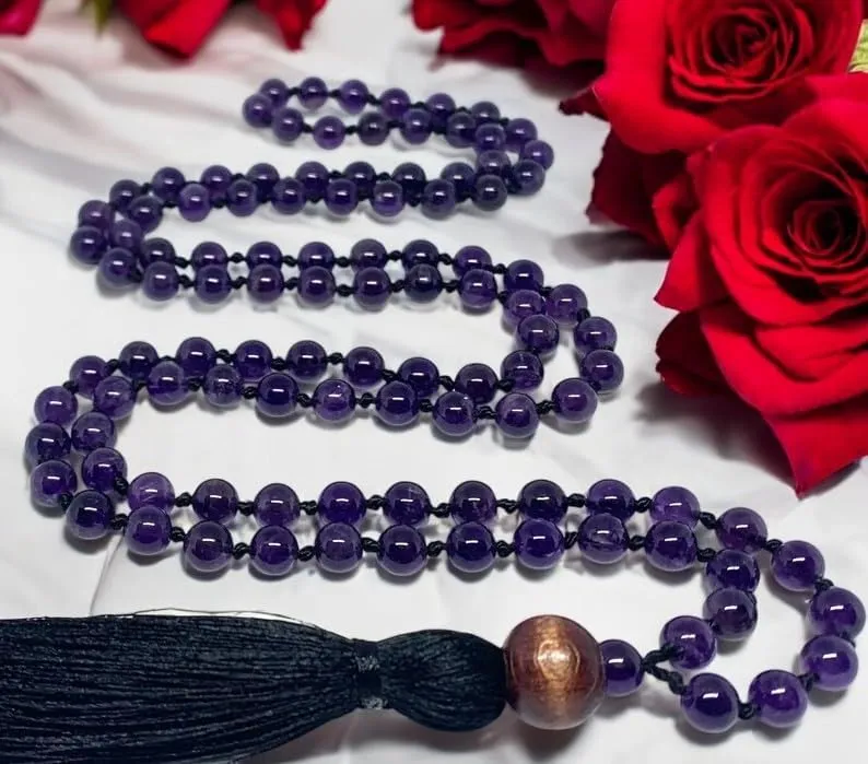 Beautiful Natural Crystal Amethyst mala Natural Crystal Stone 8 mm 108 Beads Jap Mala for Meditation, Pooja, Chanting, Wearing/Amethyst mala 108 beads original