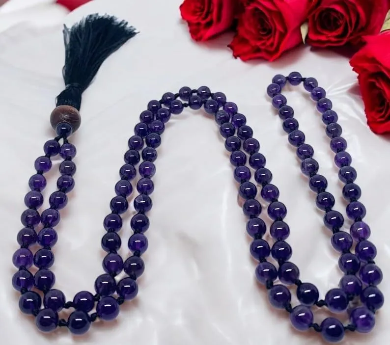 Beautiful Natural Crystal Amethyst mala Natural Crystal Stone 8 mm 108 Beads Jap Mala for Meditation, Pooja, Chanting, Wearing/Amethyst mala 108 beads original