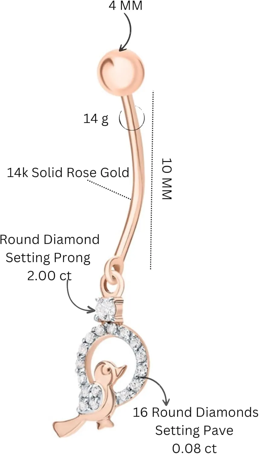 Beautiful Sparrow Belly Button Ring, 14g - 8mm Threaded Navel Ring, Diamond (0.10ct) Barbell Belly Bar, Gifts For Women.