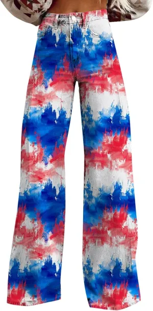 Bell Bottom Jeans for Women,High Waisted Loose Flared Jeans Vintage Floral Print Wide Leg Pants Colorful Trouser