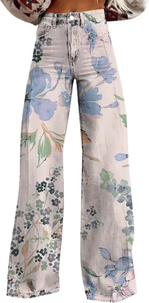 Bell Bottom Jeans for Women,High Waisted Loose Flared Jeans Vintage Floral Print Wide Leg Pants Colorful Trouser