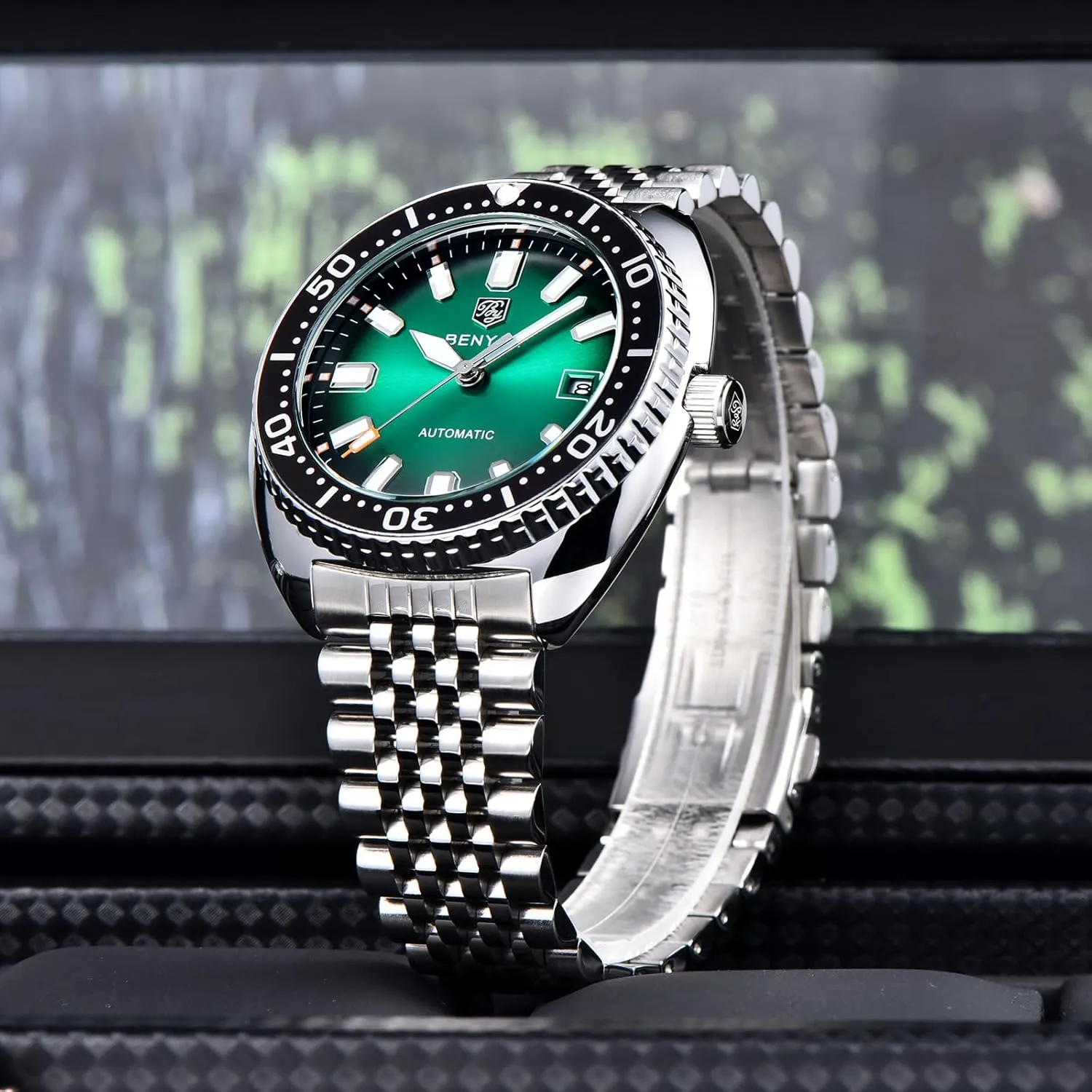 Benyar Watches Men Stainless Steel Strap Mechanical Watch 50M Waterproof Calendar Luminous Business Mens Automatic Watch