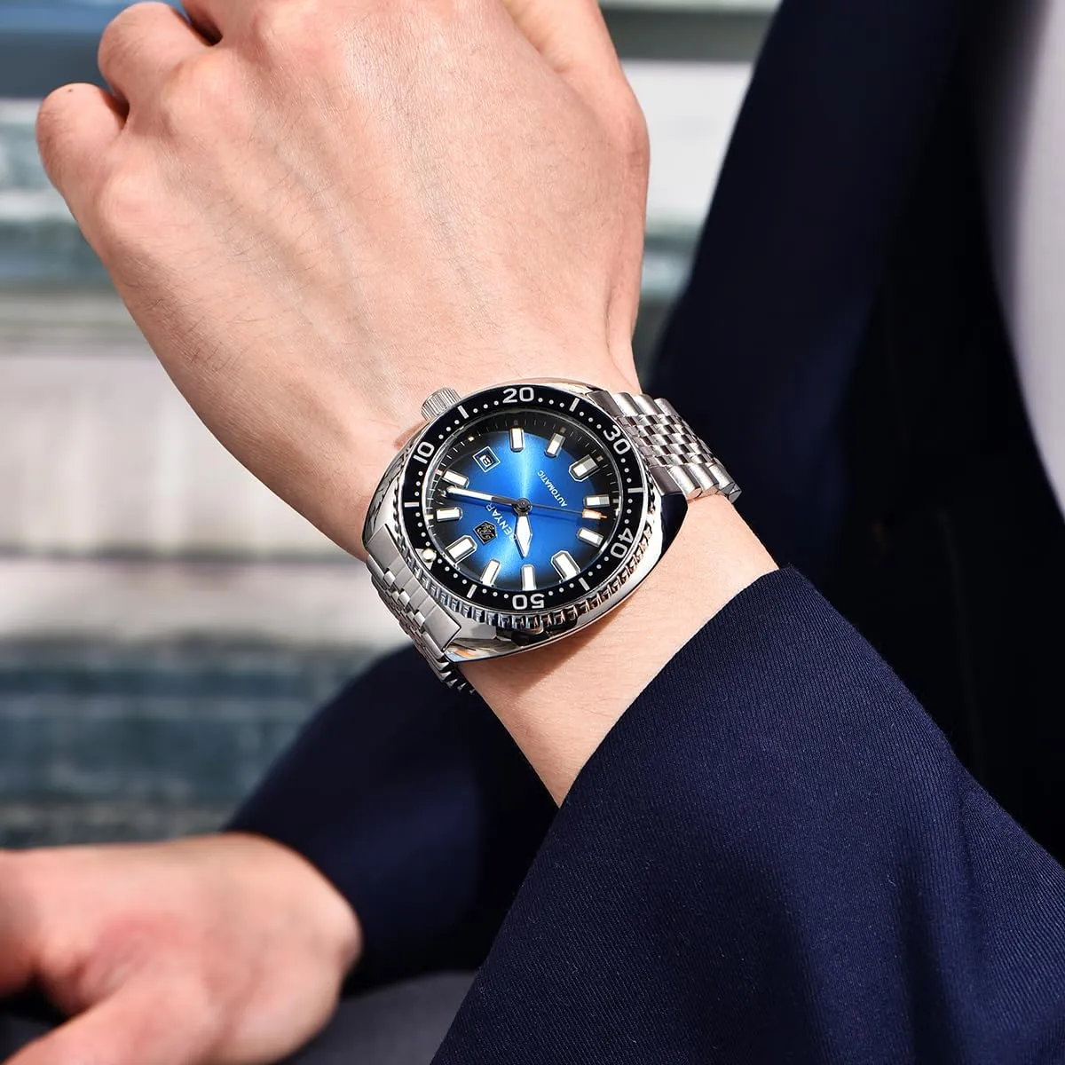 Benyar Watches Men Stainless Steel Strap Mechanical Watch 50M Waterproof Calendar Luminous Business Mens Automatic Watch