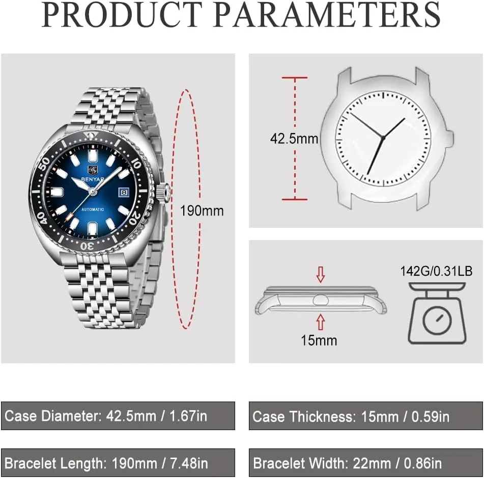 Benyar Watches Men Stainless Steel Strap Mechanical Watch 50M Waterproof Calendar Luminous Business Mens Automatic Watch
