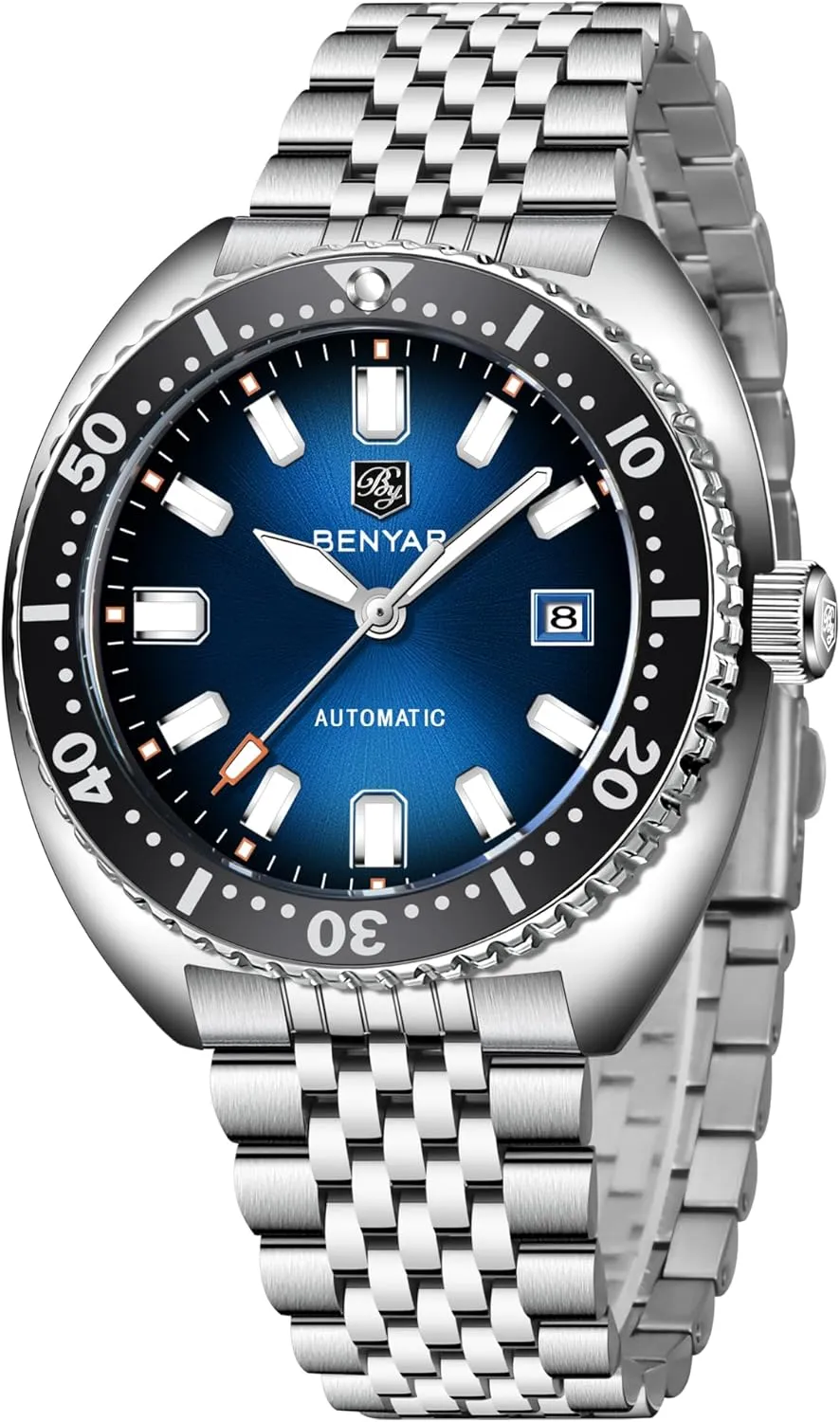 Benyar Watches Men Stainless Steel Strap Mechanical Watch 50M Waterproof Calendar Luminous Business Mens Automatic Watch