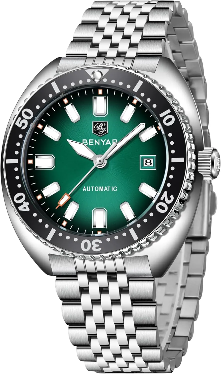 Benyar Watches Men Stainless Steel Strap Mechanical Watch 50M Waterproof Calendar Luminous Business Mens Automatic Watch