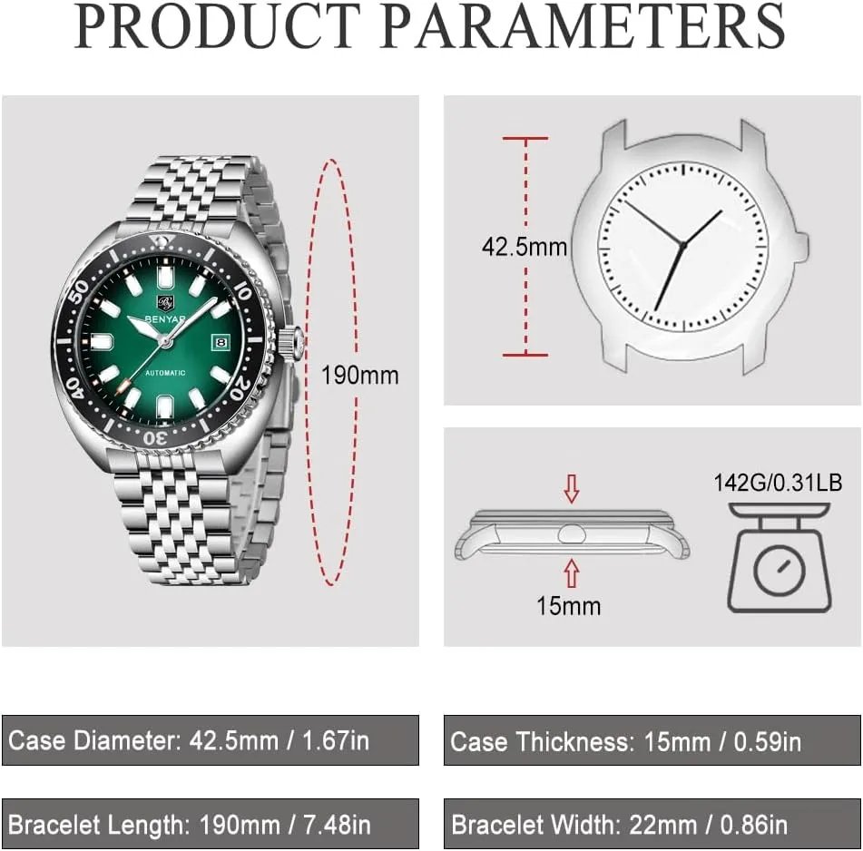 Benyar Watches Men Stainless Steel Strap Mechanical Watch 50M Waterproof Calendar Luminous Business Mens Automatic Watch