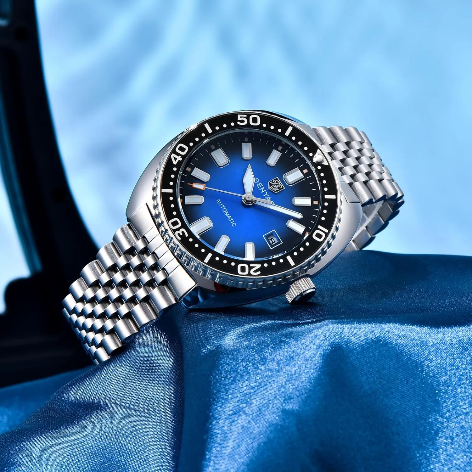 Benyar Watches Men Stainless Steel Strap Mechanical Watch 50M Waterproof Calendar Luminous Business Mens Automatic Watch