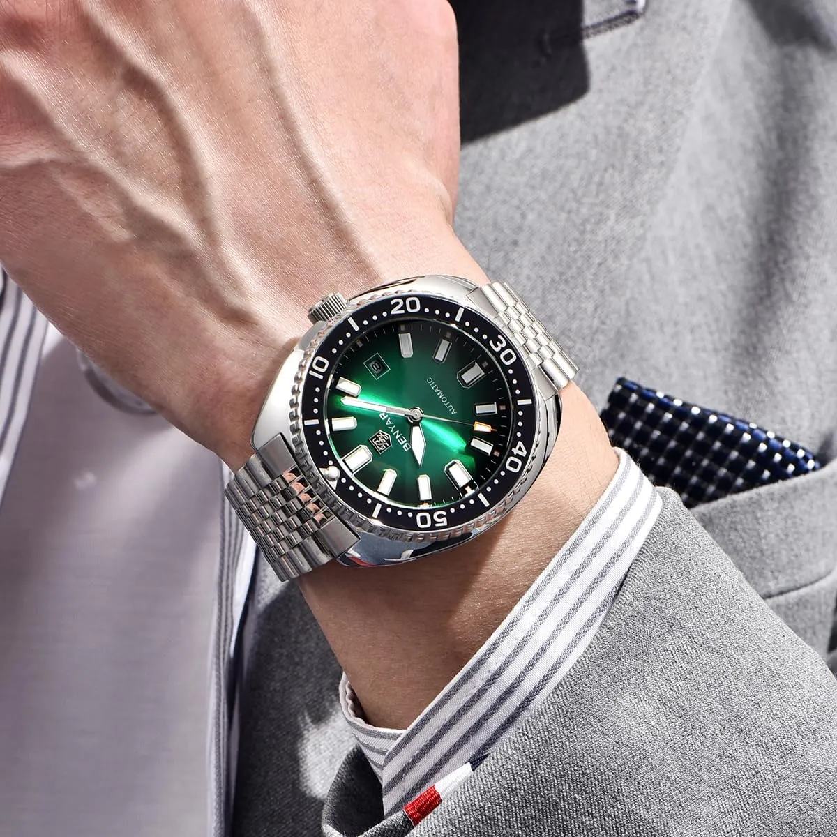 Benyar Watches Men Stainless Steel Strap Mechanical Watch 50M Waterproof Calendar Luminous Business Mens Automatic Watch