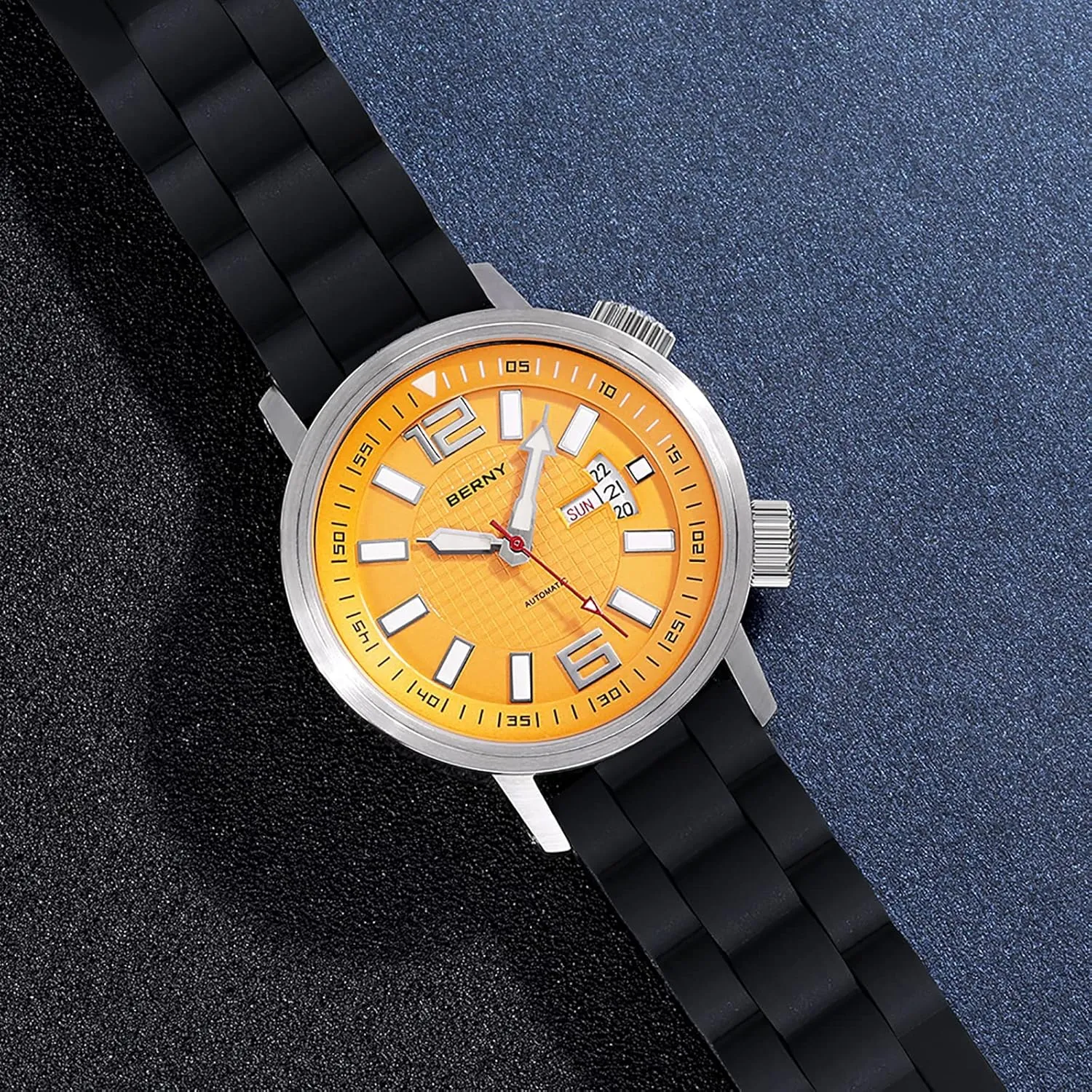 BERNY Automatic Mechanical Dive Watch for Men Self Winding Sport Silicon Strap Wristwatches Waterproof 20ATM Sapphire Glass Scratch Resistant Super LuminousNo Battery Required