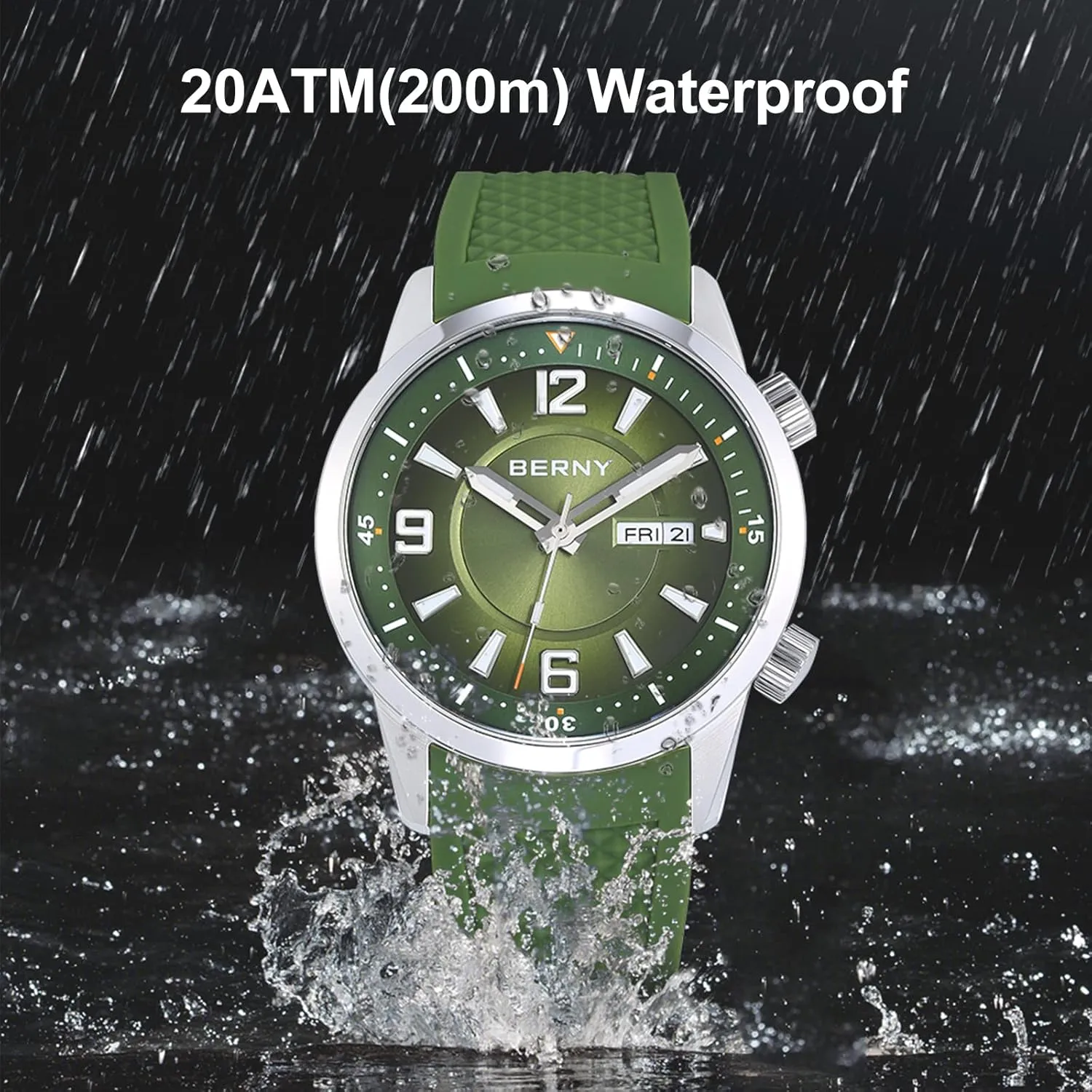 BERNY Dive Watch for Men Automatic Mechanical Wristwatch with Screw-Down Crown 20ATM Waterproof HV600 Hardness Sapphire Glass Silicone Band Super Luminous Mens Watches