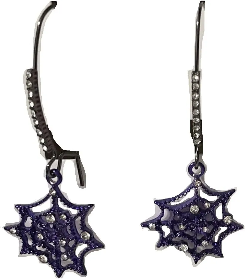 Betsey Johnson Just Treats Hematite Tone Purple Spider Web Drop Earrings