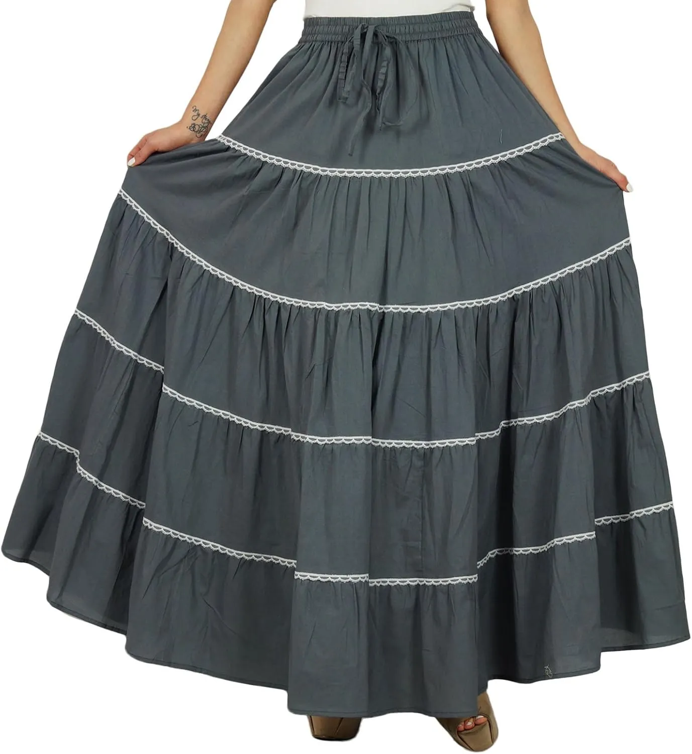 Bimba Womens Long Flaired Cotton Skirt Boho Maxi Bottoms Elastic Waist Indian Clothing