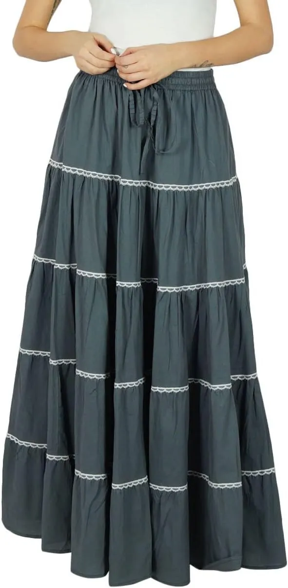 Bimba Womens Long Flaired Cotton Skirt Boho Maxi Bottoms Elastic Waist Indian Clothing