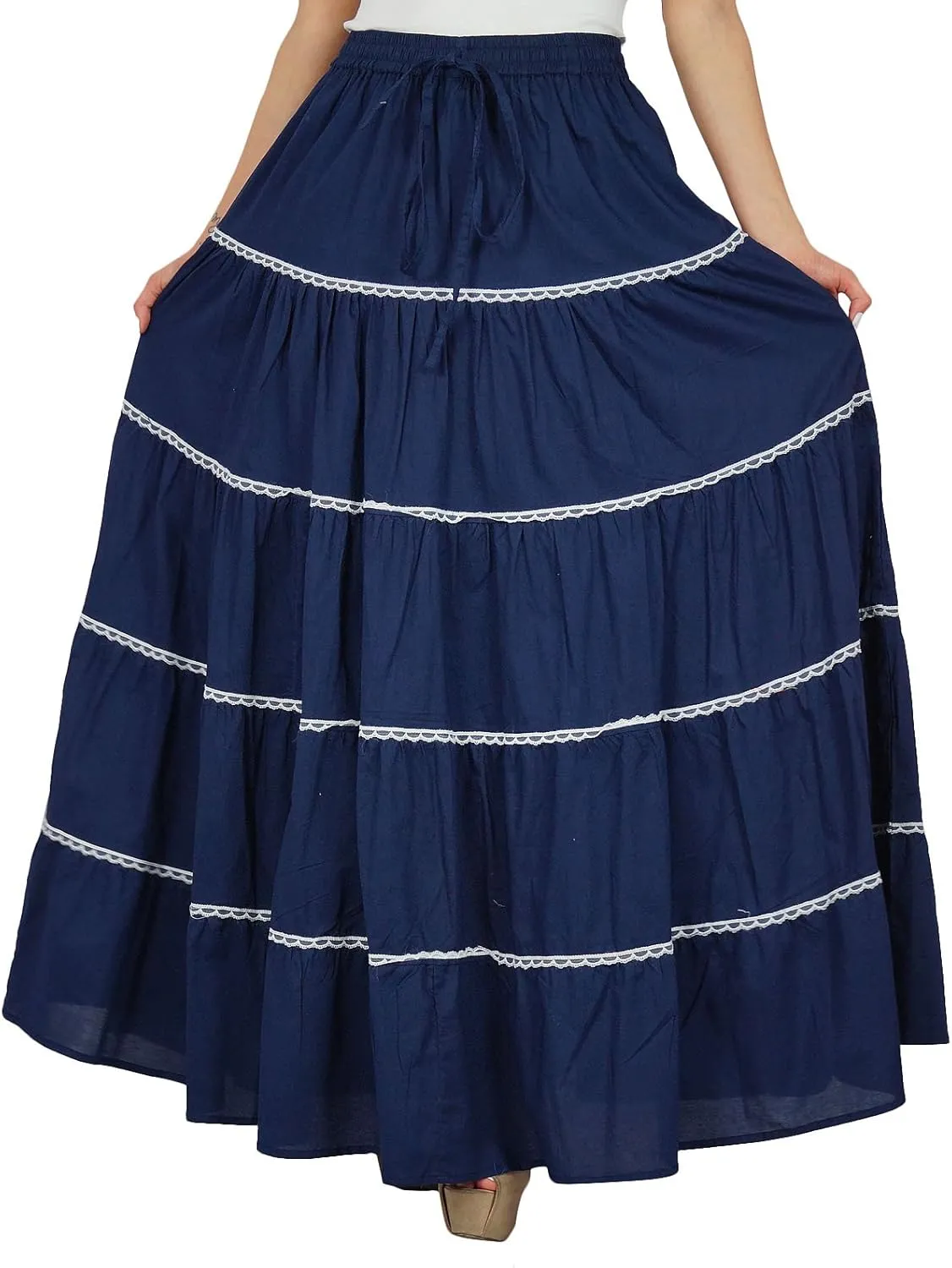 Bimba Womens Long Flaired Cotton Skirt Boho Maxi Bottoms Elastic Waist Indian Clothing
