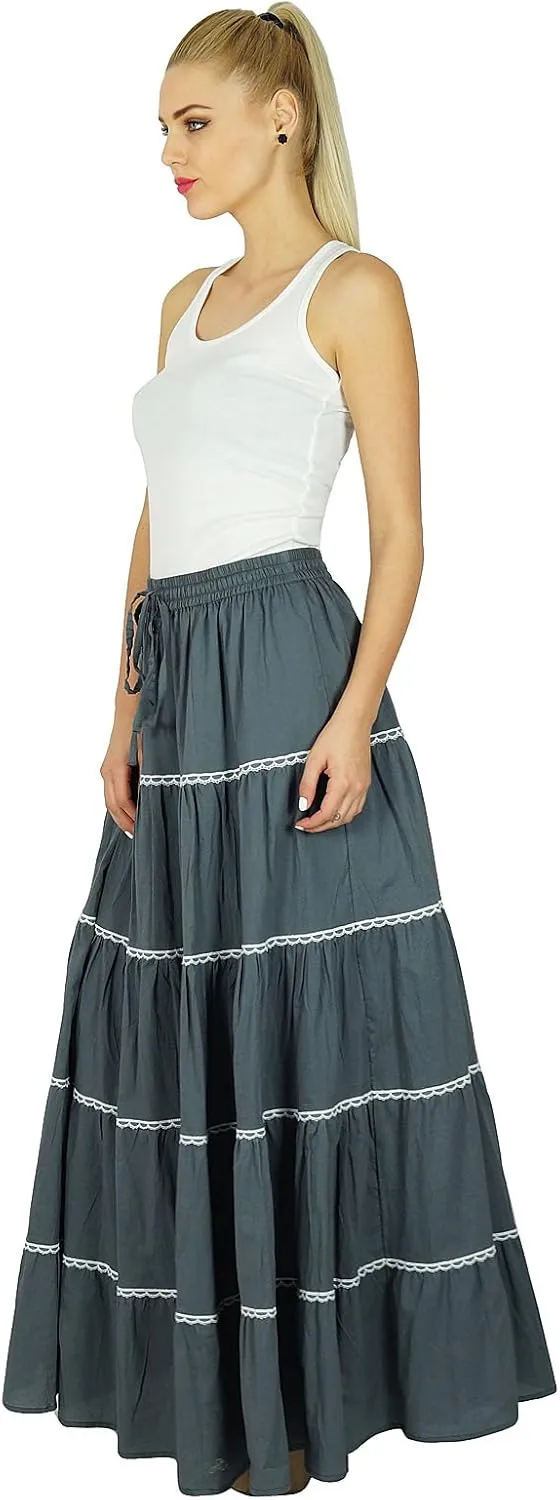 Bimba Womens Long Flaired Cotton Skirt Boho Maxi Bottoms Elastic Waist Indian Clothing