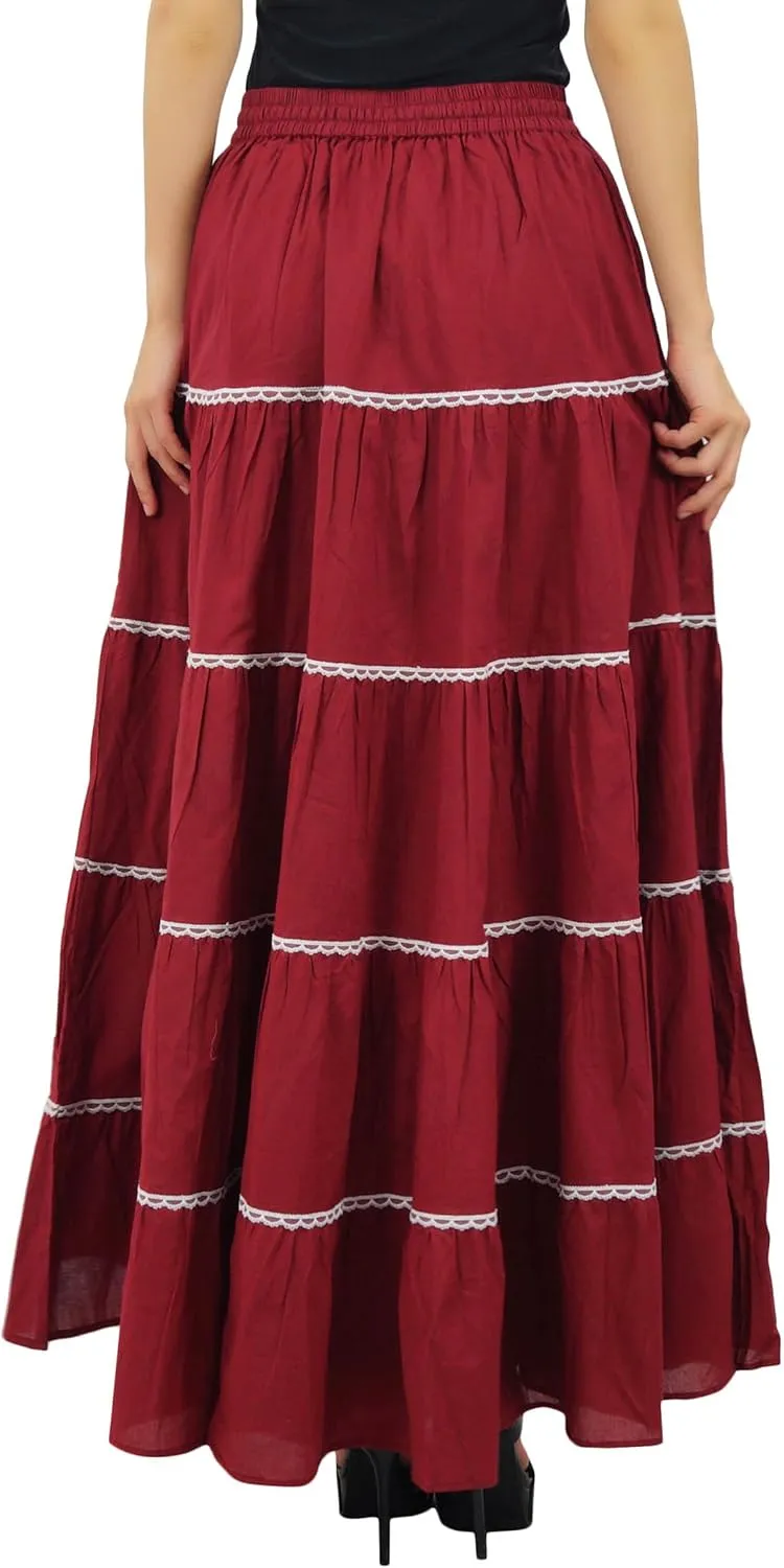 Bimba Womens Long Flaired Cotton Skirt Boho Maxi Bottoms Elastic Waist Indian Clothing