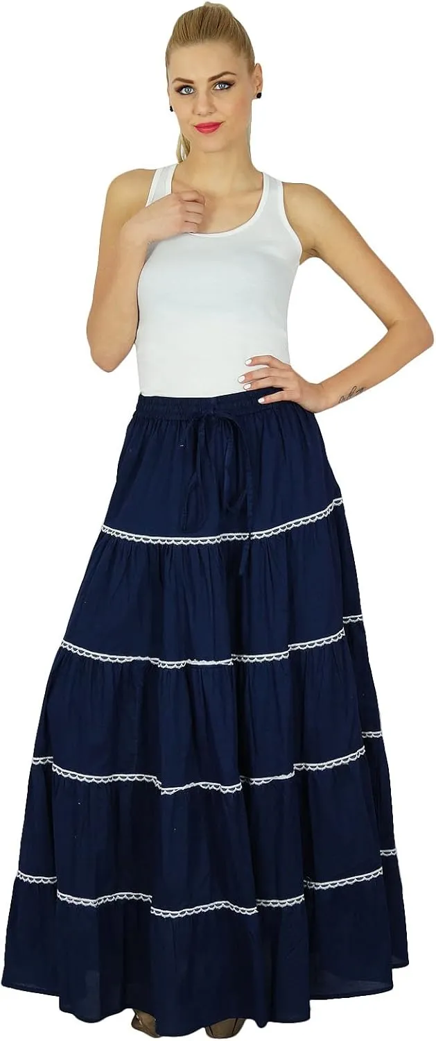 Bimba Womens Long Flaired Cotton Skirt Boho Maxi Bottoms Elastic Waist Indian Clothing
