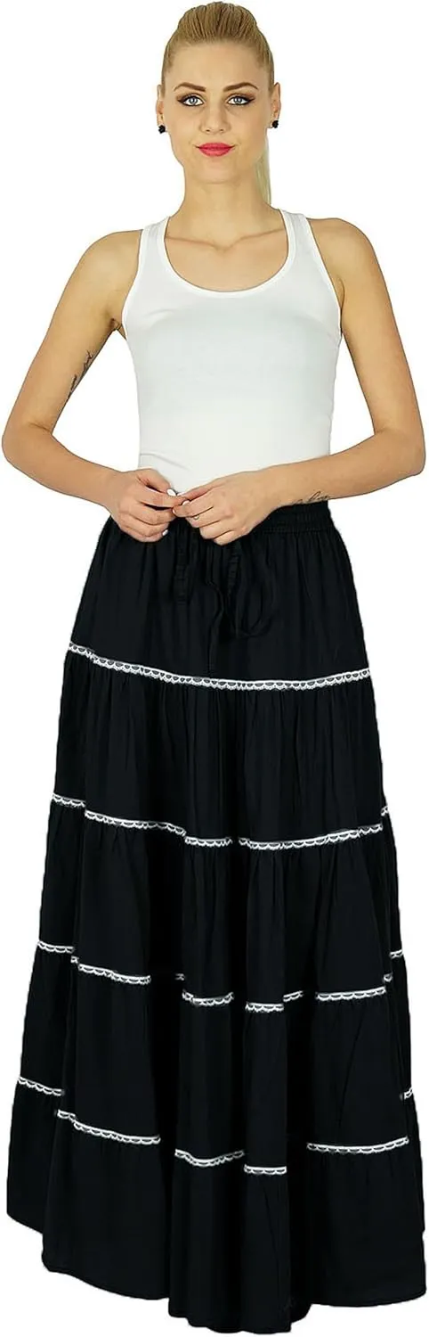 Bimba Womens Long Flaired Cotton Skirt Boho Maxi Bottoms Elastic Waist Indian Clothing