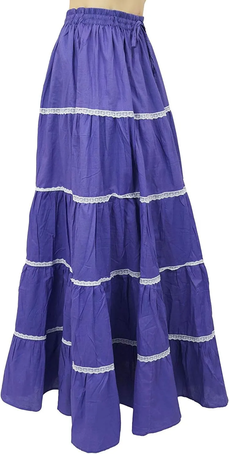 Bimba Womens Long Flaired Cotton Skirt Boho Maxi Bottoms Elastic Waist Indian Clothing