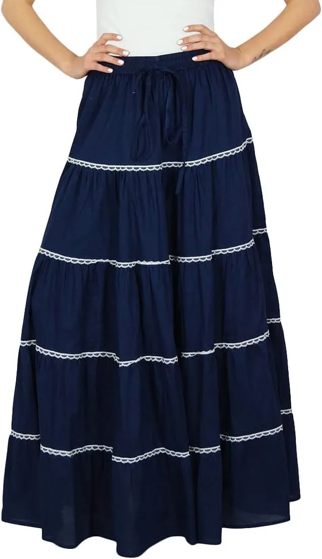 Bimba Womens Long Flaired Cotton Skirt Boho Maxi Bottoms Elastic Waist Indian Clothing