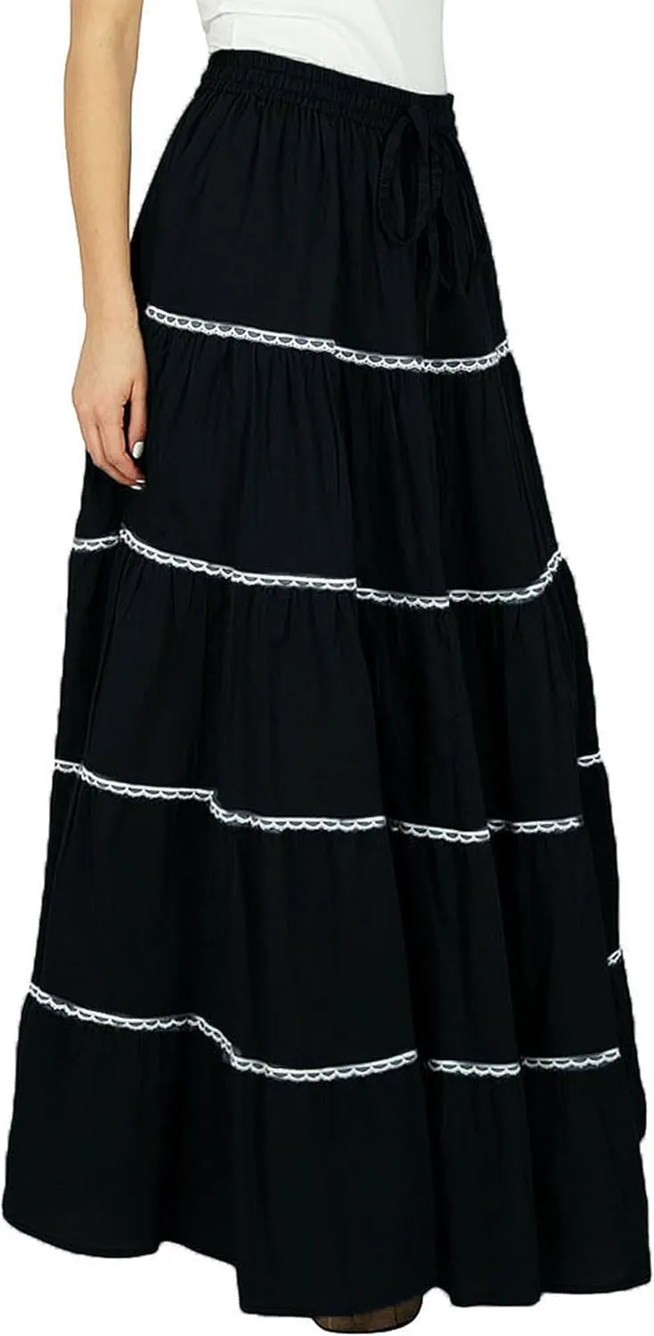 Bimba Womens Long Flaired Cotton Skirt Boho Maxi Bottoms Elastic Waist Indian Clothing