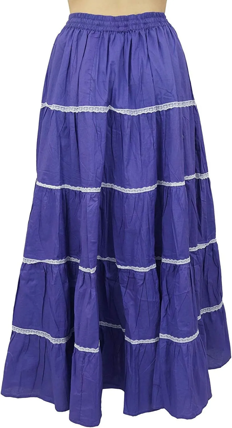 Bimba Womens Long Flaired Cotton Skirt Boho Maxi Bottoms Elastic Waist Indian Clothing
