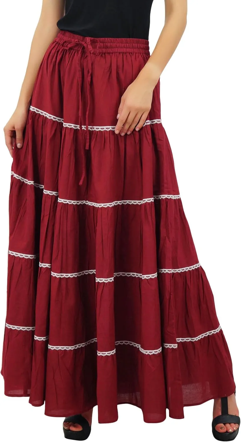 Bimba Womens Long Flaired Cotton Skirt Boho Maxi Bottoms Elastic Waist Indian Clothing