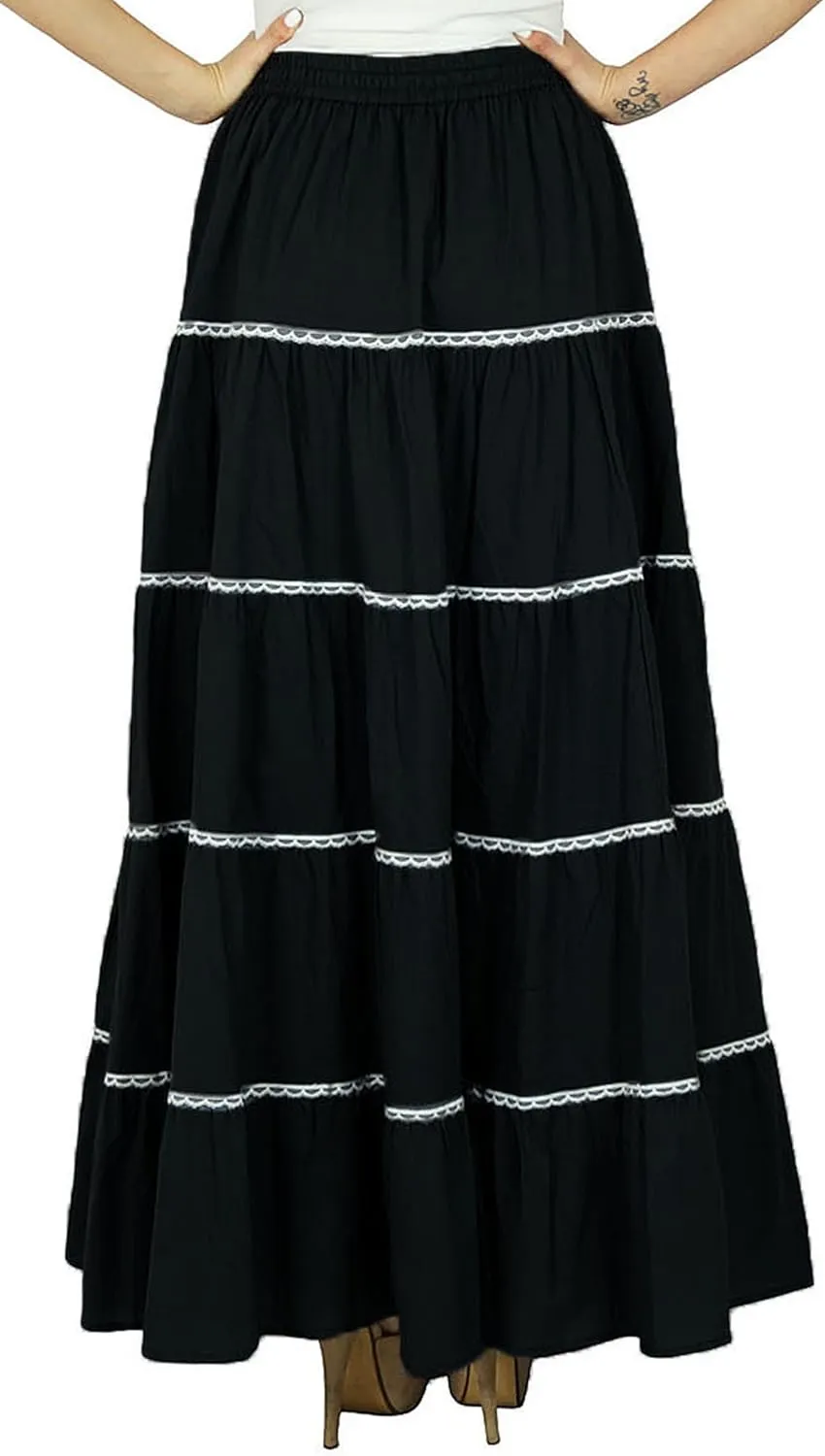 Bimba Womens Long Flaired Cotton Skirt Boho Maxi Bottoms Elastic Waist Indian Clothing