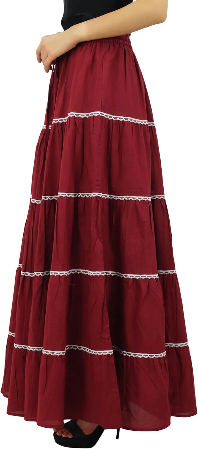 Bimba Womens Long Flaired Cotton Skirt Boho Maxi Bottoms Elastic Waist Indian Clothing