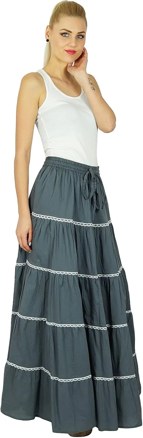 Bimba Womens Long Flaired Cotton Skirt Boho Maxi Bottoms Elastic Waist Indian Clothing