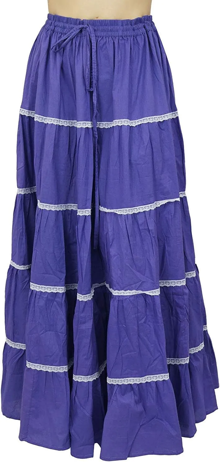 Bimba Womens Long Flaired Cotton Skirt Boho Maxi Bottoms Elastic Waist Indian Clothing