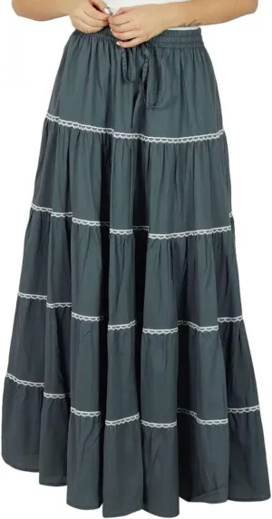Bimba Womens Long Flaired Cotton Skirt Boho Maxi Bottoms Elastic Waist Indian Clothing